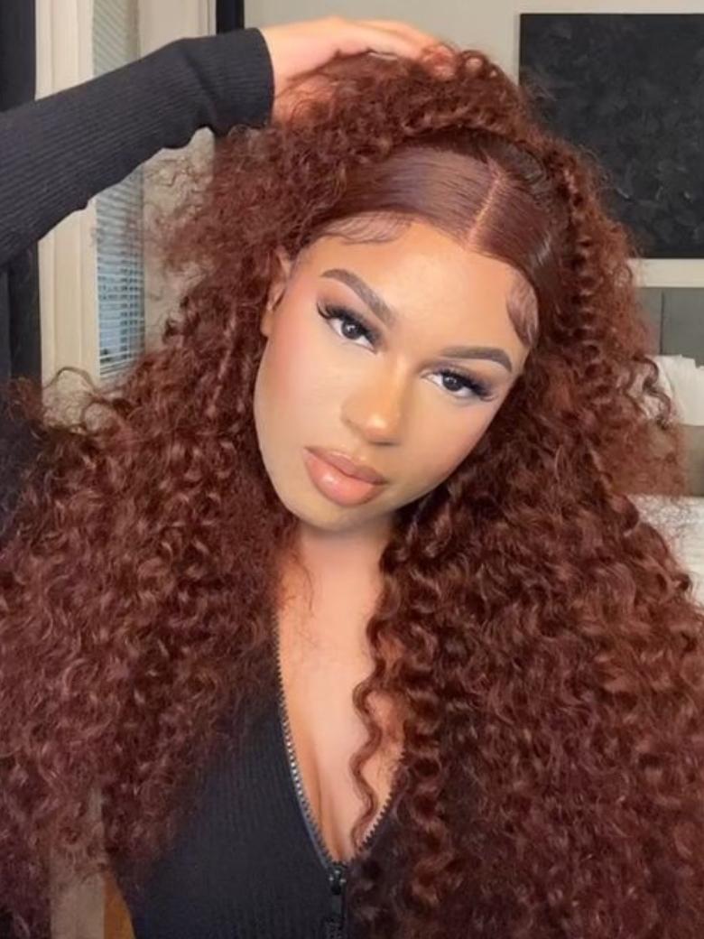 13x4 Pre Everything Glueless Lace Frontal Wig Reddish Brown Water Wave Wig Pre-Cut & Pre-Pluck &  Pre-Bleached Pre-Everything Wig 150 Density