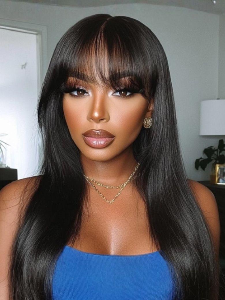 UNice Black Yaki Wig Human Hair Glueless Wig with Blunt Bangs