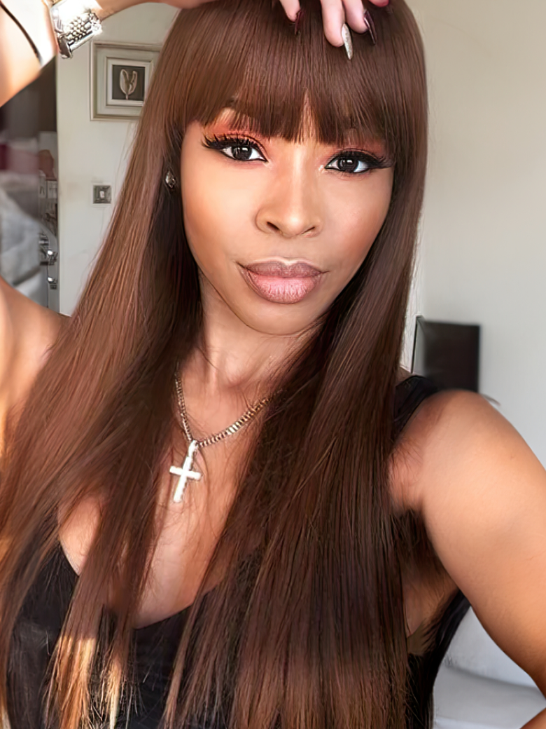UNice Layer Cut Mocha Medium Brown Glueless Beginner Friendly Straight Wig With Bangs