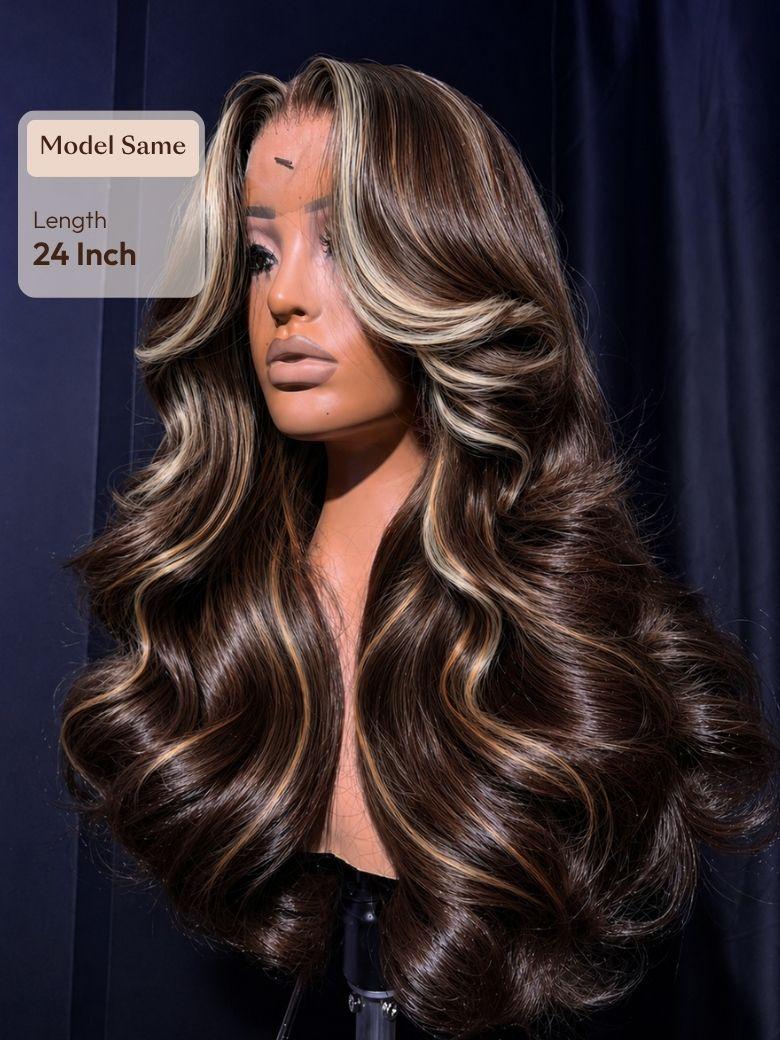 UNice 7x5 Bye Bye Slip™ Lace Chocolate Brown Loose Wave Drawstring Wig with Platinum Blonde Highlighted Face Framing Layers