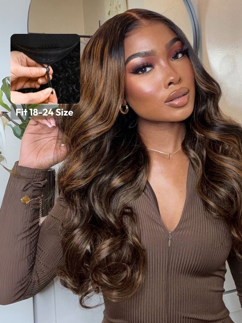 7x5 Lace Sun-Kissed Balayage Highlight Bye Bye Knots Glueless Lace  Body Wave Wig With Invisi Drawstring