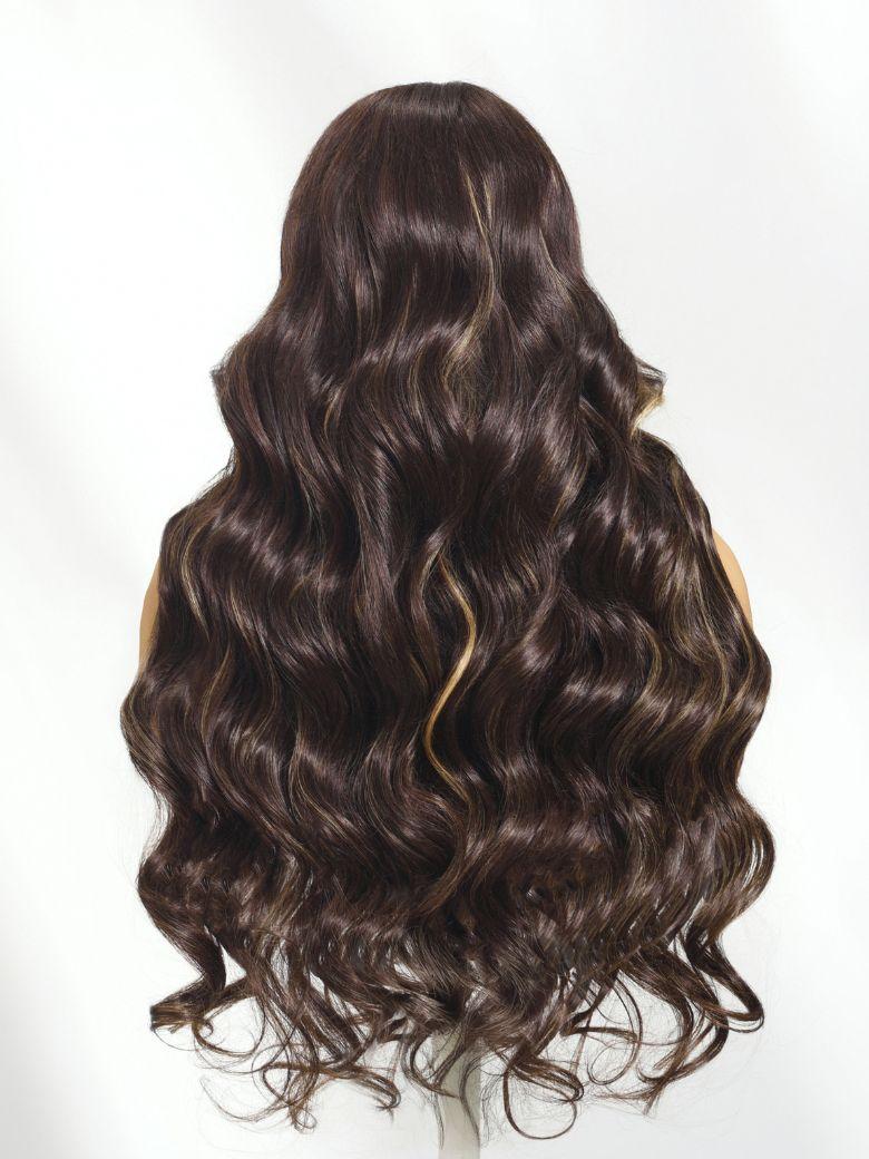 UNice Bye-Bye Knots 7x5 Lace Chocolate Brown Hair With Highlights Loose Wave Wig With Face Framing Layers
