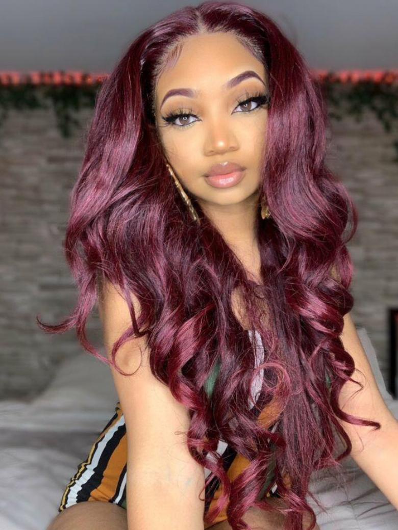 [24"=$169] 13x4 Lace Front Reddish Purple Side Part Body Wave Wig