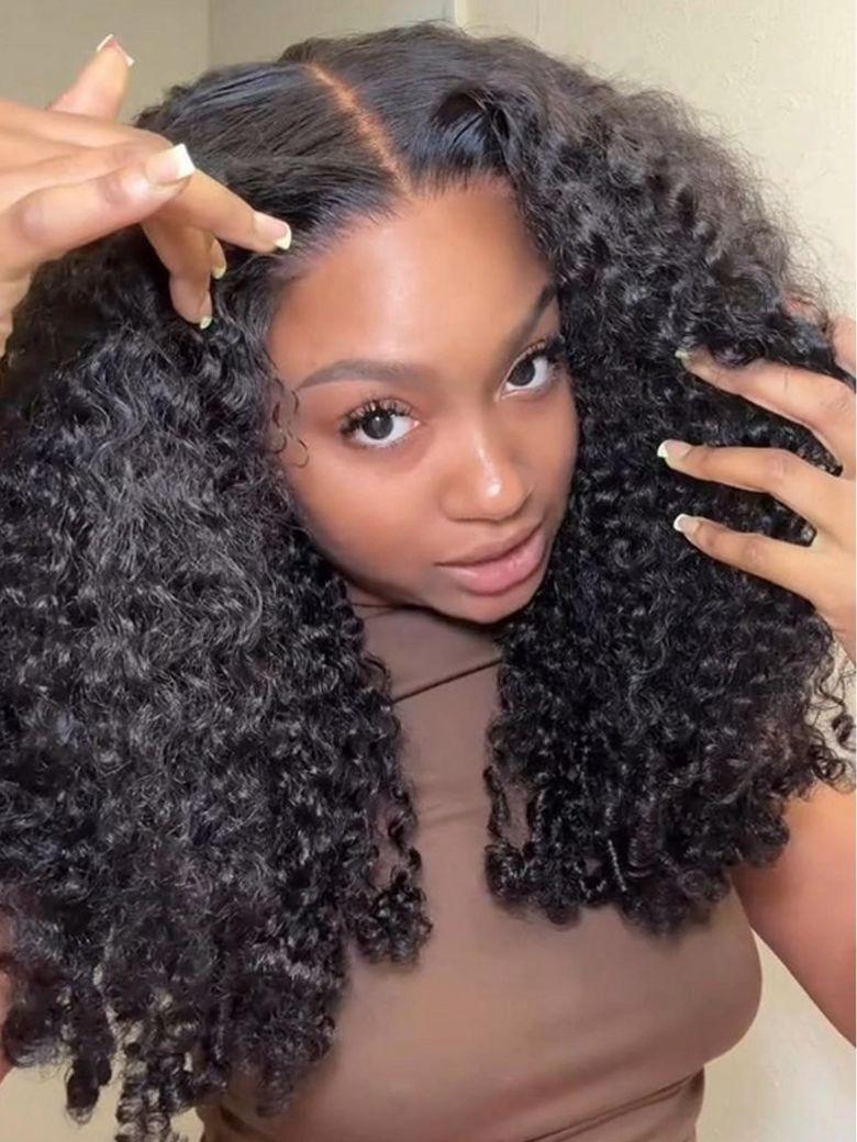 UNice Mixed Texture Bye-Bye Knots™ &  Bye Bye Slip 7x5 Lace Natural Black Jerry Curly Wig with Defined Finger Coil Ends