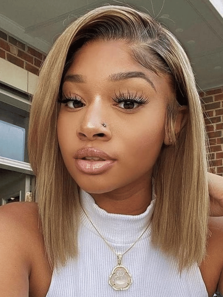 UNice 7x5 Bye-Bye Slip Blonde with Brown Roots Side Part Blunt Bob Drawstring Wig 150% Density