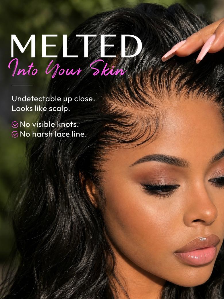 Undetectable melted lace front wig close-up highlighting a natural, pre-plucked hairline with styled baby hairs.
