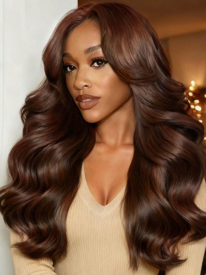 13x4 Pre-Everything™ Lace Frontal Auburn Brown Loose Wave Wig with Invisi Drawstring & Face Framing Layers