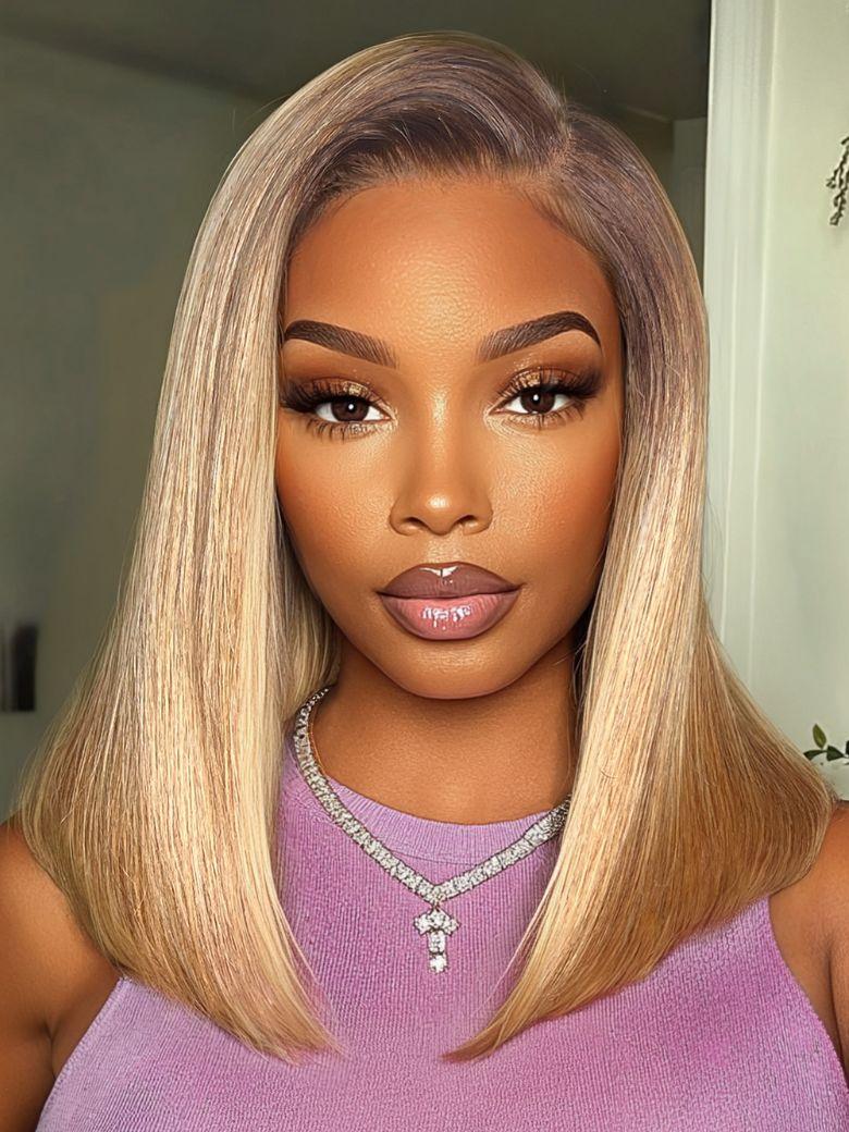 UNice Bye-Bye Slip 7x5 Lace Blonde with Brown Roots Side Part Blunt Bob Drawstring Wig 150% destiny
