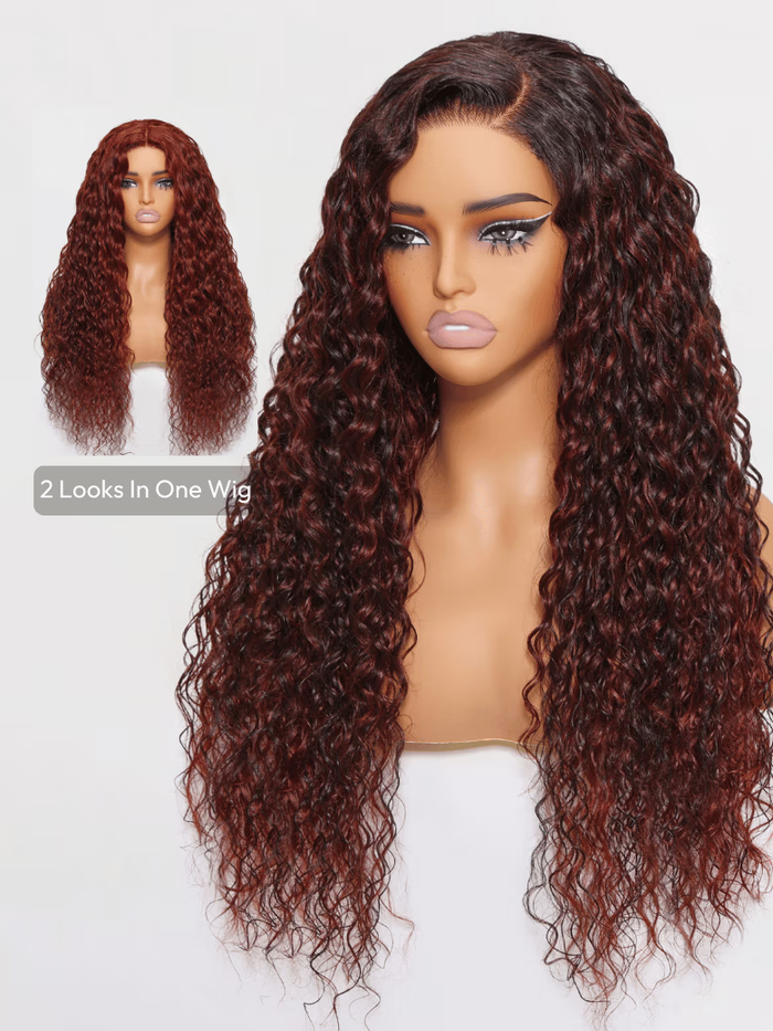 [$200 OFF] 24" 180% Density PreCut 4x4 Lace Closure Water Wave Wig Ombre Auburn & Reddish Brown Put On And Go Wig