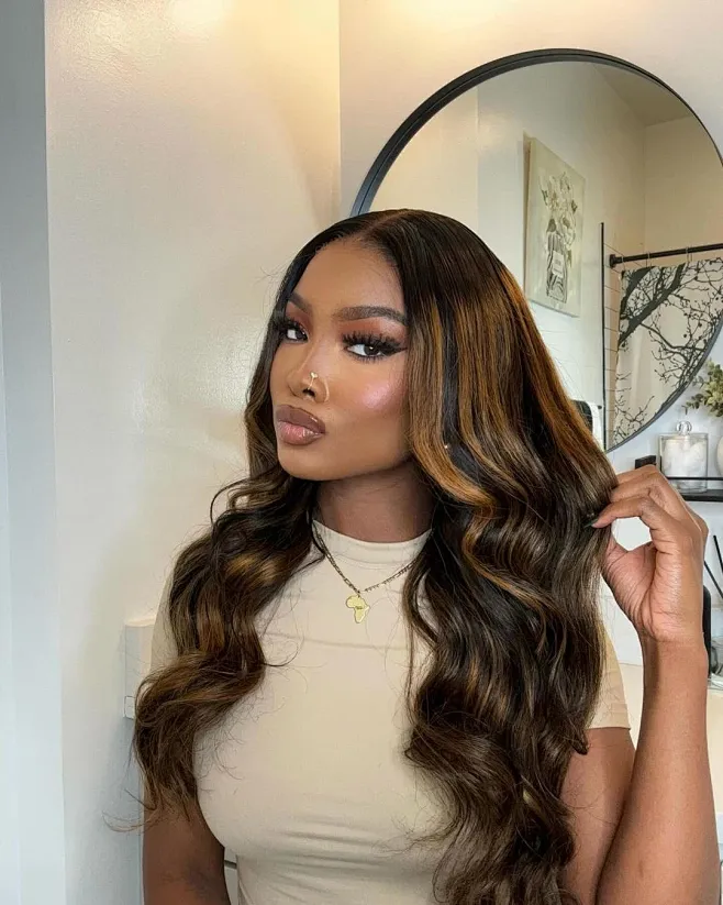 Unice Brown Hair With Highlights Body Wave Wig With Face Framing Layers Beginner Friendly V Part 150% Density