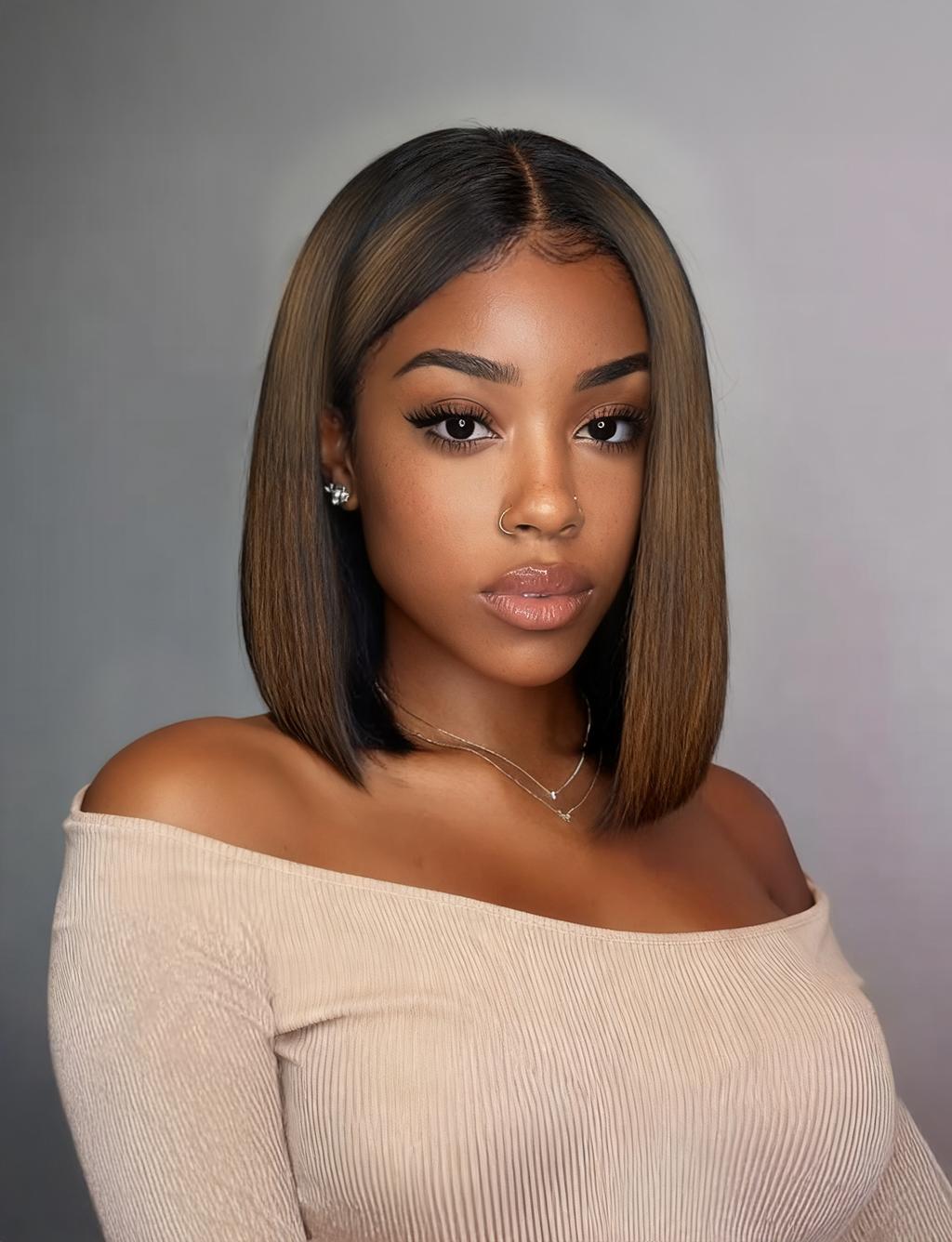 Unice Bye-Bye Knots 7x5 Lace Black to Chestnut Brown Ombre Yaki Bob Wig