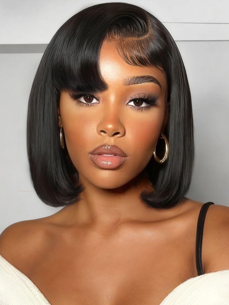 UNice 13x4 Pre-Everything™ Lace Frontal Natural Black Side Part Bob Drawstring Wig With Side-Swept Bangs