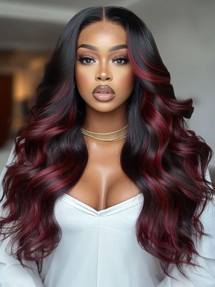 Bye-Bye Knots 7x5 Lace 180% Density Loose Wave Burgundy Highlights Wig with Face Framing Layers