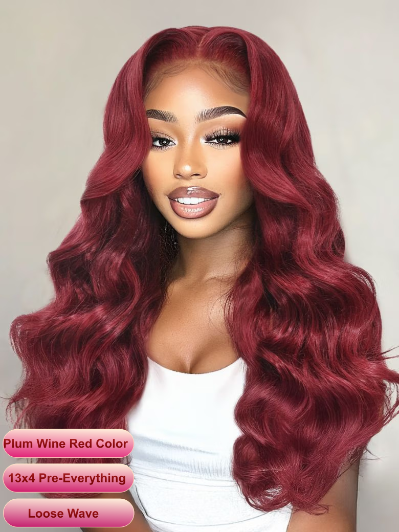 18" 13X4 Pre Everything Plum Wine Red/Golden Blonde Highlights/Burgundy Highlight Wigs 150%-180% Density