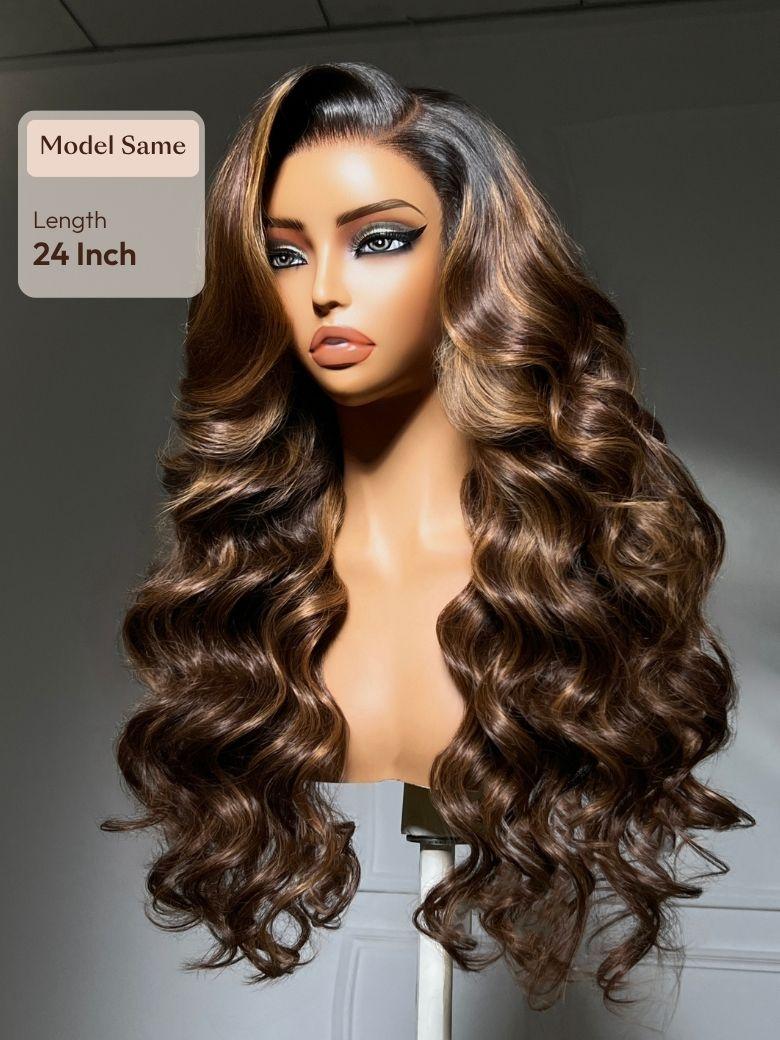 UNice 7x5 Bye Bye Slip™ Lace Caramel Highlights on Chocolate Brown with Dark Roots Body Wave Glueless Wig with Side Part Bangs