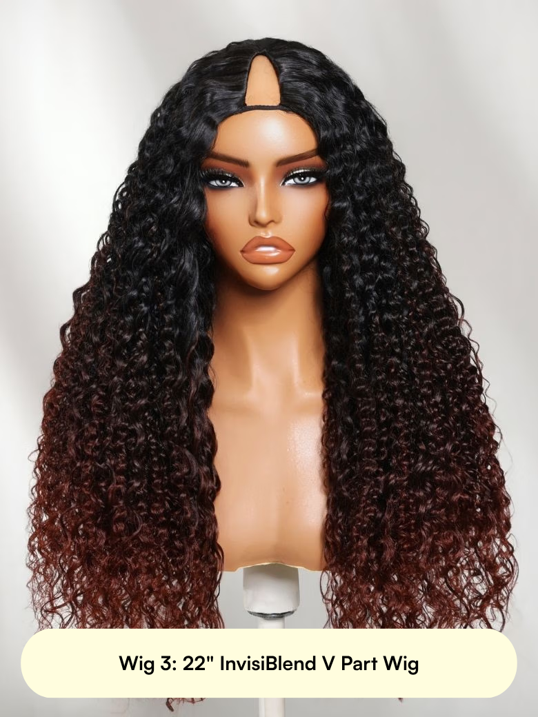 [From 22"] All V Part Wigs From $79: Body Wave | Black Kinky Straight with Spiral Curly Ends | Black to Reddish Brown Ombre Water Curly