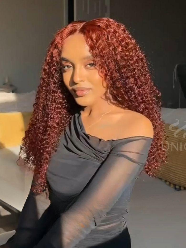 7x5 Bye-Bye Knots™ Wig Glueless Lace Jerry Curly Reddish Brown Drawstring Wig With Bleached Knots 150% Density
