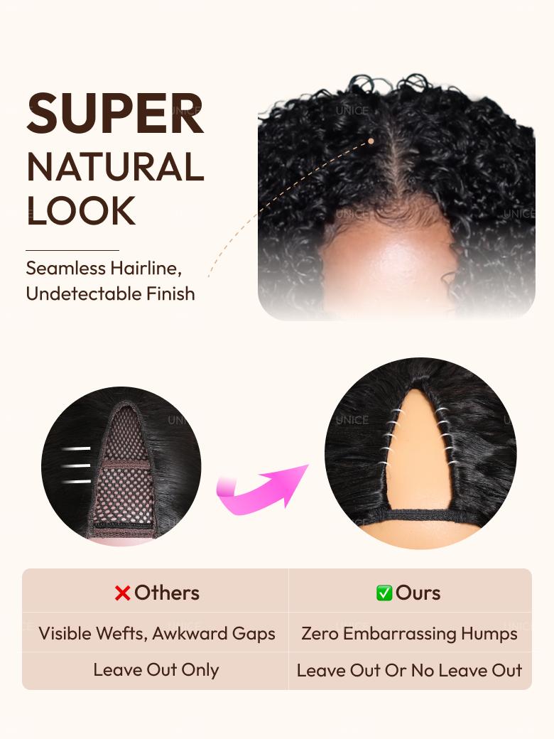 UNice EasiContour™ V Part Minimal Glueless Curly Glueless Wig With Invisi Drawstring 100% Human Hair 150% Density