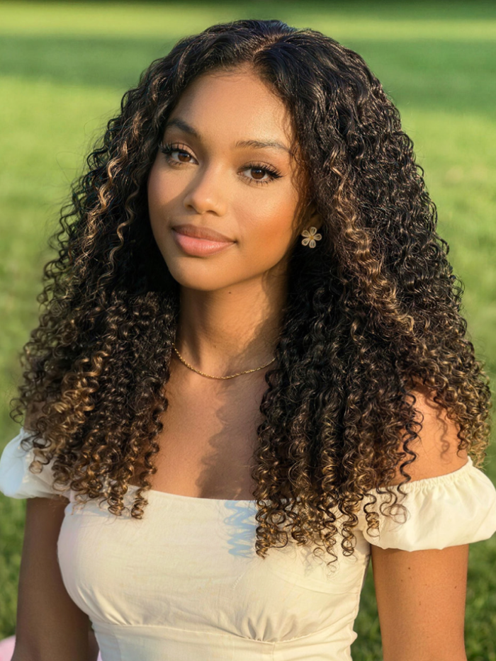 EasiContour™ V Part Black to Chestnut Brown Jerry Curly Drawstring Wig & 7x5 Bye Bye Slip™ Glueless Lace Burmese Curly With Finger Coil Ends Wig
