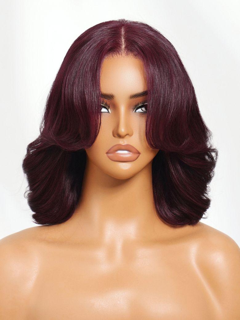 10 Inch UNice Black Cherry Bye-Bye Knots™ 7x5 Lace Glueless Bob Drawstring Body Wave&Straight Wig with Curtain Bangs