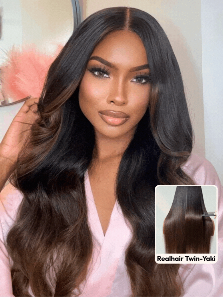 20inch 7x5 Bye-Bye Knots Lace Black to Chestnut Brown Ombre Yaki Straight Wig With Invisi Drawstring& Loose Wave Wig