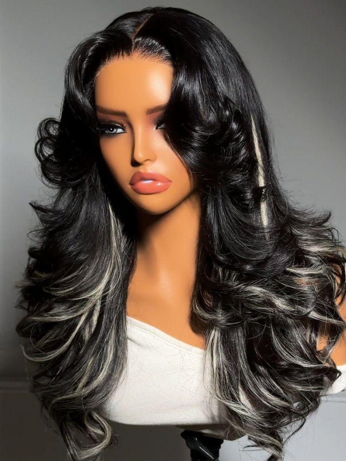 UNice Bye-Bye Slip™ 7x5 Lace Black & Ash Highlights on Black Hair Feathered Hairstyles 200% Density Wig with Side Bangs