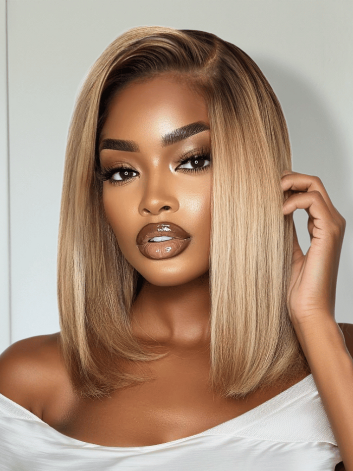 Blonde with Brown Roots Side Part Blunt Bob Wig 7x5 Bye-Bye Knots Lace Wig