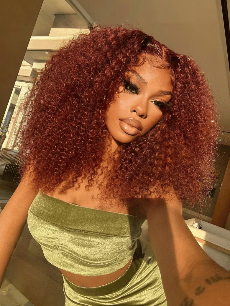 7x5 Bye Bye Knots Reddish Brown Kinky Curly & Straight & 13x4 Pre Everything Loose Wave With Wispy Bang Bleached Knots Wig