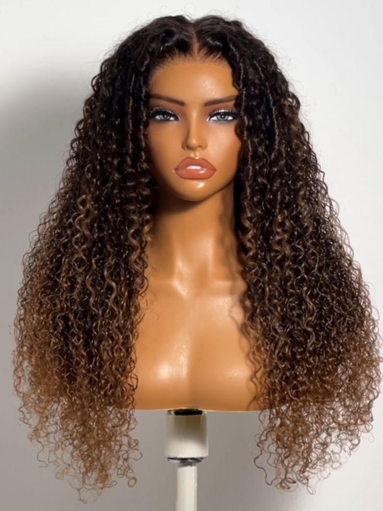 UNice 7x5 Bye Bye Slip™ Glueless Lace Dark Brown to Caramel Ombre with Dark Roots Jerry Curly Wig with Spiral Curls