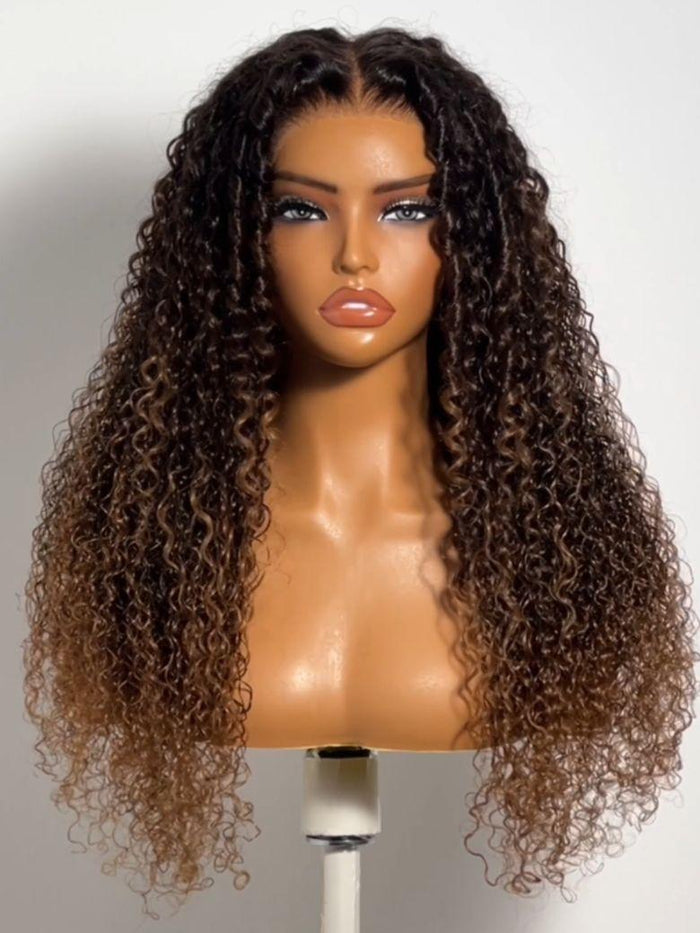 UNice 7x5 Bye Bye Slip™ Glueless Lace Dark Brown to Caramel Ombre with Dark Roots Jerry Curly Wig with Spiral Curls