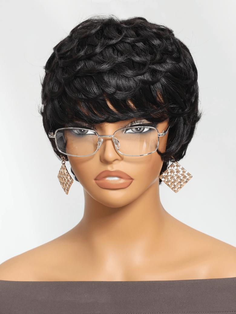 UNice Short Pixie Cut Human Hair Glueless Wig With Wispy Bangs