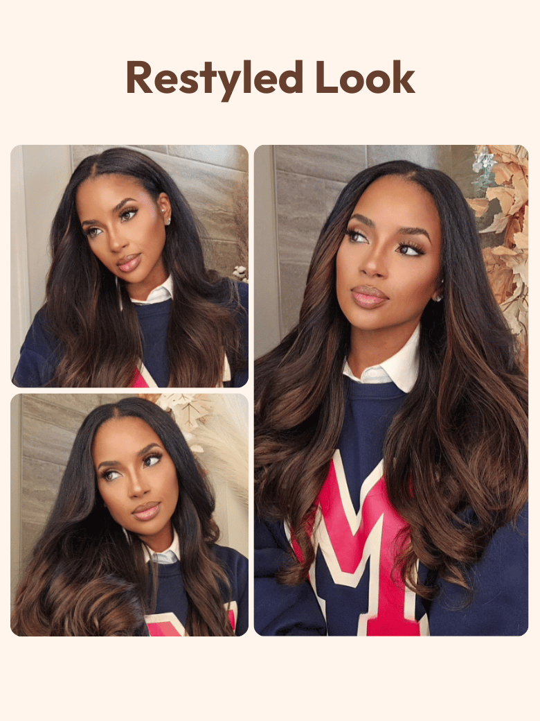 Glueless EasiContour™ V Part With Invisi Drawstring Black to Chestnut Brown Ombre Yaki Wig