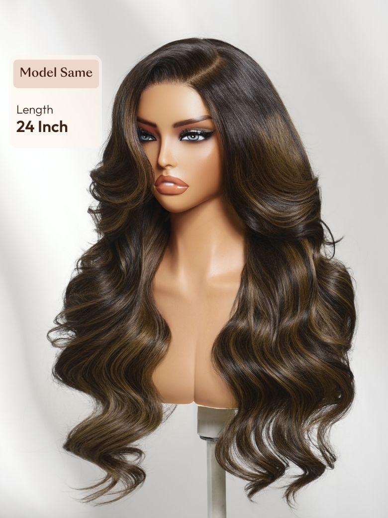 UNice 7x5 Bye-Bye Slip™ Lace Brown with Caramel Highlights Loose Wave with Face-Framing Layers and Side Swept Bangs