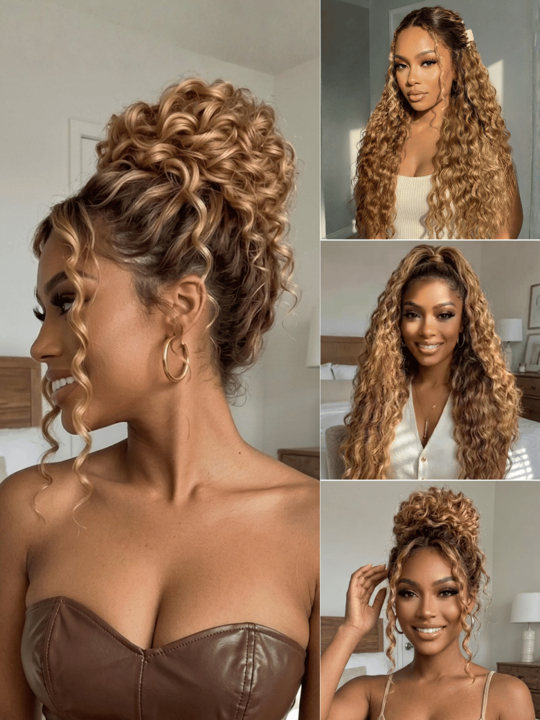 A comparison collage highlighting the versatility of a secure, glueless water wave bronde wig. The image shows a woman with long, voluminous black curls and different hairstyles, messy buns, and a high ponytail.