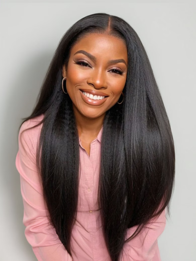 [24"=$110] Pre Plucked 4x0.75 Lace Kinky Straight Human Hair Wig Natural Wig 150% Density
