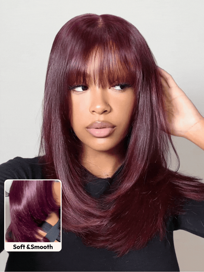 UNice Bye-Bye Slip™ 7x5 Lace Black Cherry Layered Wolf Cut with Wispy Bangs Drawstring Wig
