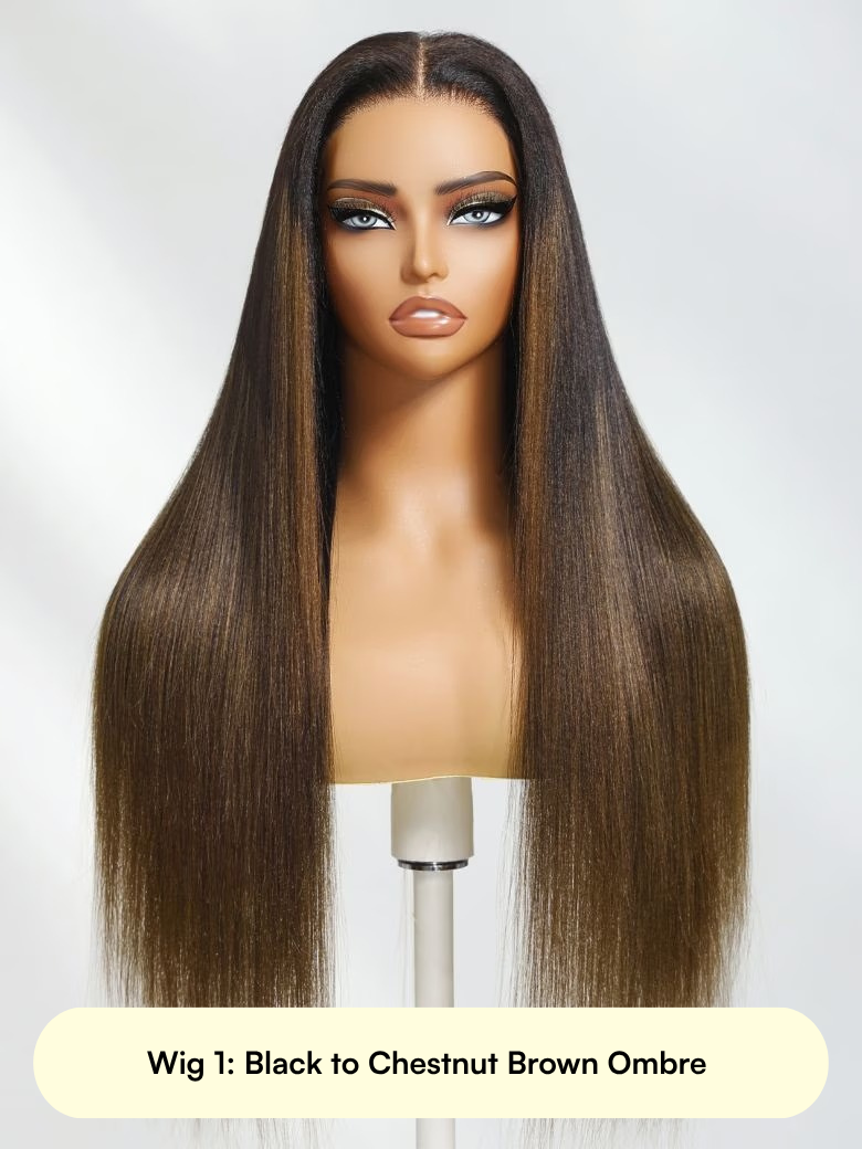 13x4 Pre Everything Glueless Lace Black to Chestnut Brown Ombre Yaki Straight Wig With Invisi Drawstring
