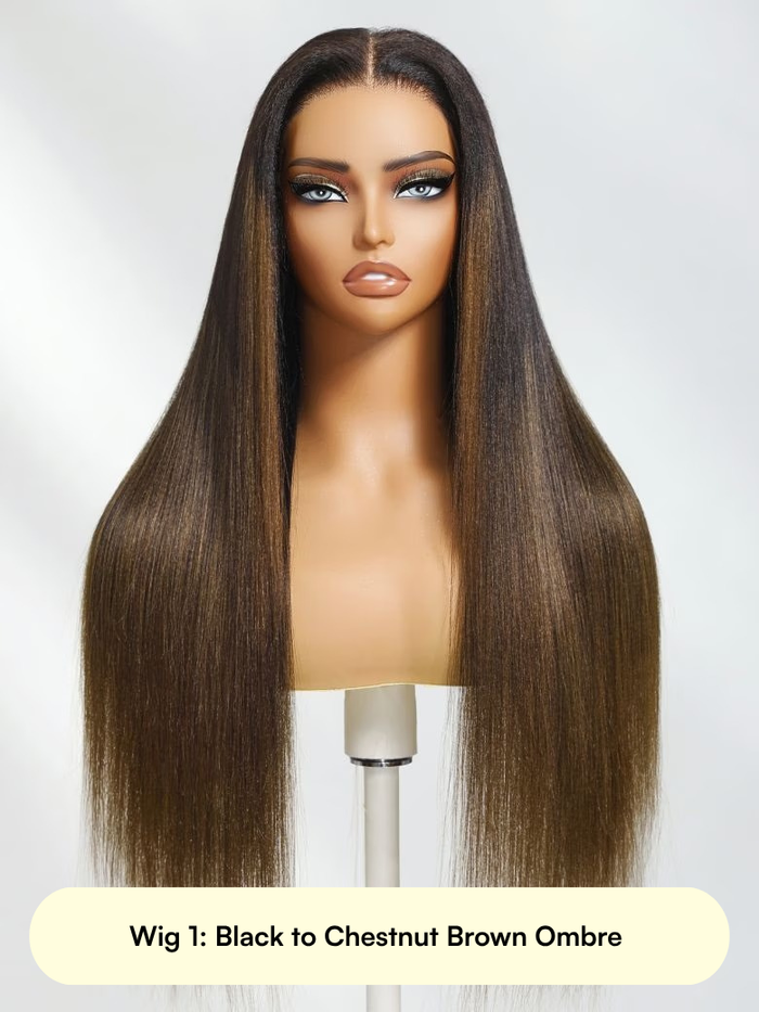 All 24" 13x4 Pre Everything Glueless Lace Yaki Straight Black to Chestnut Brown Ombre Or Balayage Highlights Wig With Invisi Drawstring
