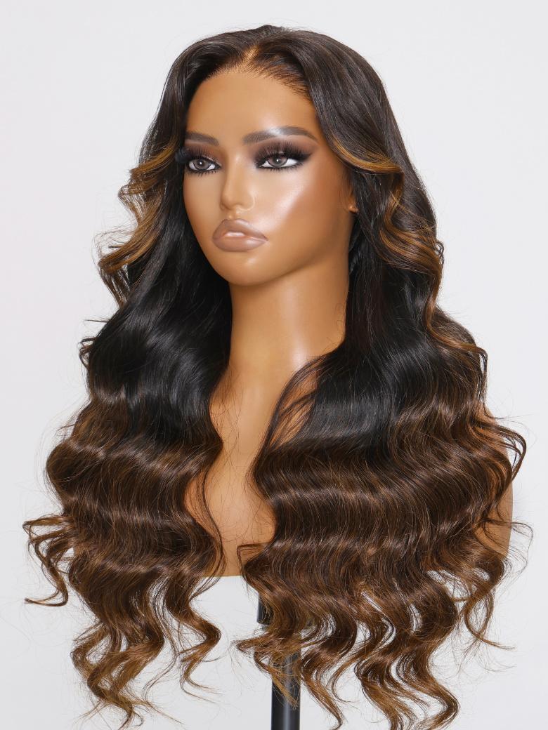 7x5 Bye Bye Knots Wig Lace Black to Chestnut Brown Ombre Loose Wave Wig With Bleached Knots 150% Density