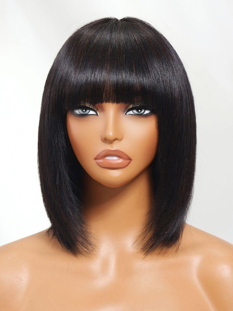 UNice Black Yaki Wig Human Hair Glueless Wig with Blunt Bangs