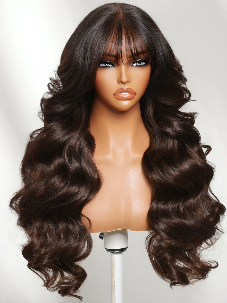UNice 7x5 Bye-Bye Knots™ & 13x4 Pre-Everything™ Lace Frontal Pull And Go Black Fluffy Natural & Balayage Highlights Loose Wave Curtain Bangs Wig