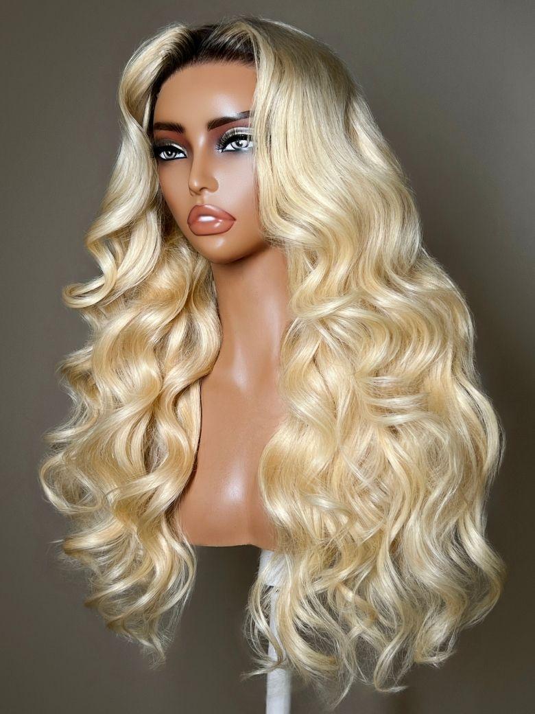 UNice 13x4 Bye Bye Slip™ Lace Frontal Brown with Caramel Highlights Glueless Curly Wig with Dark Roots