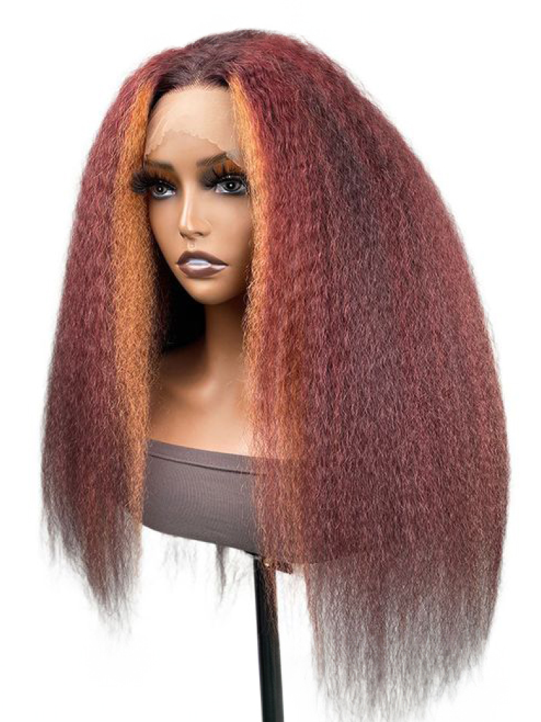 [20"=$85} 13x4 Lace Front Wig Highlight 4C Kinky Straight Burgundy Mixed Orange Lace Front Wig