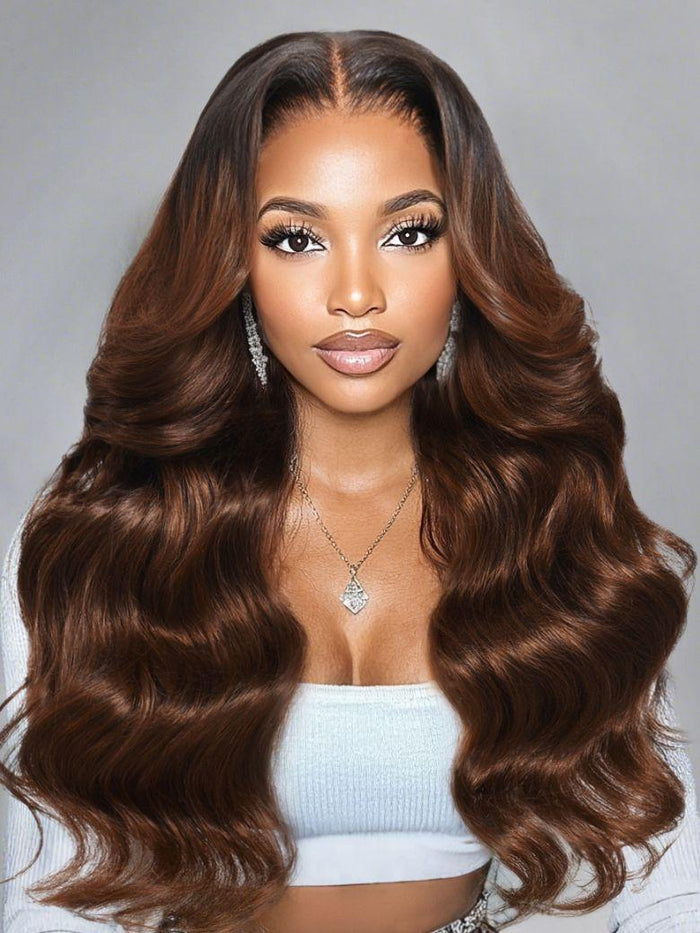 UNice 13x4 Pre-Everything Lace Frontal Coffee Brown Loose Wave Glueless Drawstring Wig with Layered Curtain Bangs