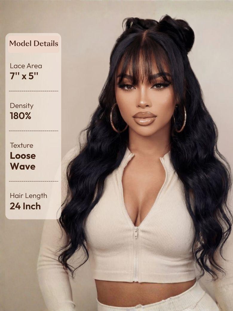 [180% Density] 7x5 Bye-Bye Knots Black Fluffy Natural Loose Wave Curtain Bangs & & Machine Made Yaki With Wispy Bangs Wig