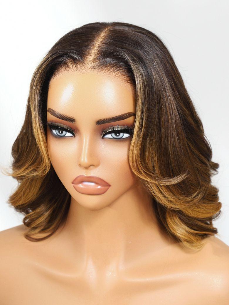 [Only 21 New User Need] 13x4 Pre-Everything™ Lace Frontal Brown With Honey Blonde Face-Framing Highlights Wavy Bob Drawstring Wig