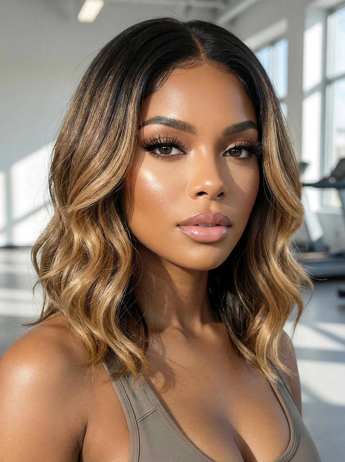 [Free Wig For All Length] UNice 13x4 Pre-Everything™ Lace Frontal Brown With Honey Blonde Face-Framing Highlights Wavy Bob Drawstring Wig