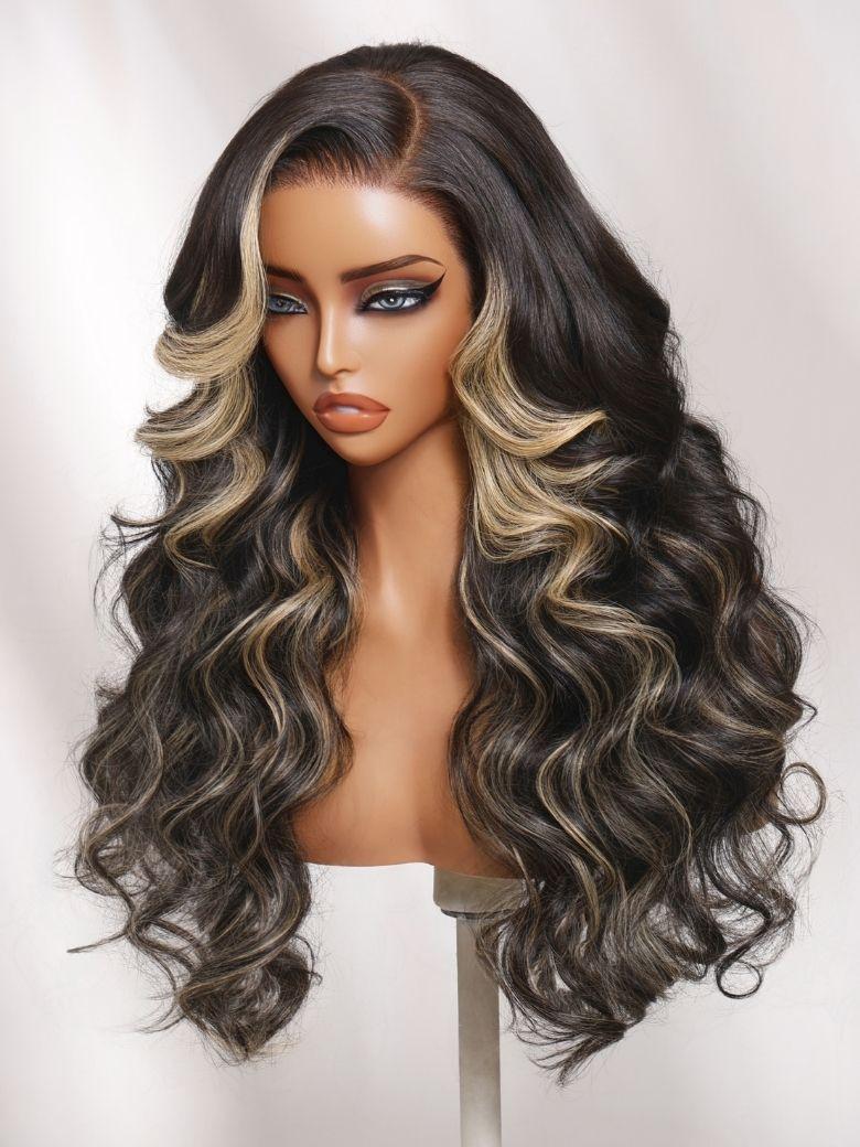 UNice 7x5 Bye Bye Slip™ Lace Black With Blonde Face-Framing Highlights Body Wave Wig with Side Part Bangs