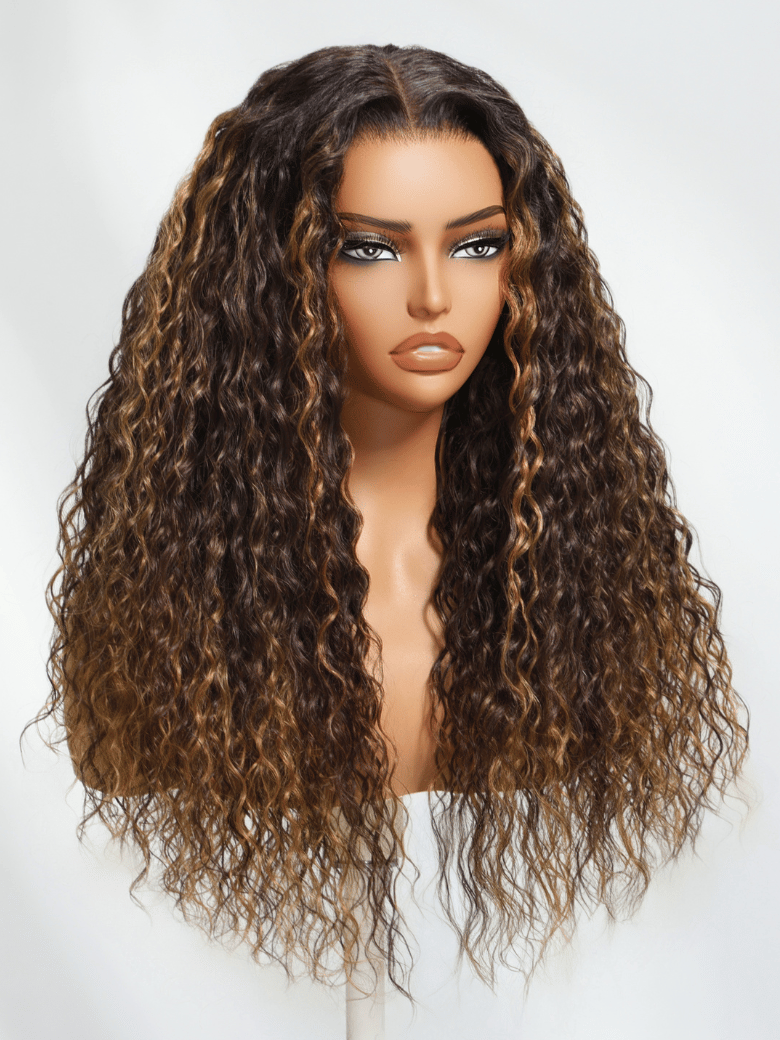 Bye-Bye Knots Wig 7x5 Lace Water Wave Espresso Brown with Caramel Highlights Wig 180% Density