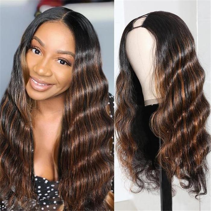 UNice Glueless Brown Highlight U Part Body Wave Wig 3 Minutes Install